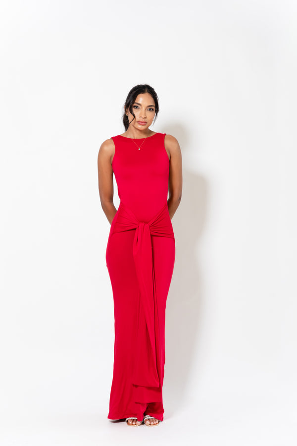 Vestido largo con lazo frontal jaspe